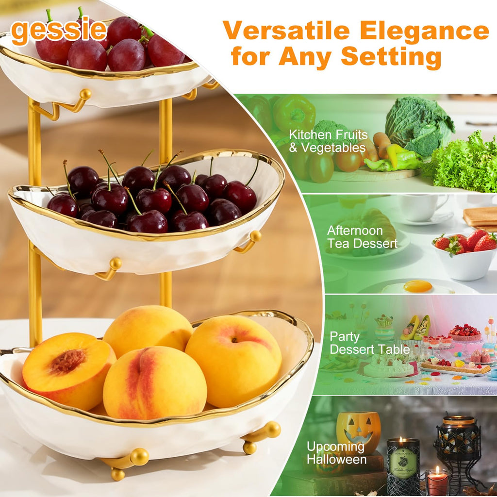 3 Tier Ceramic Fruit Bowl with Gold Metal Stand D9364