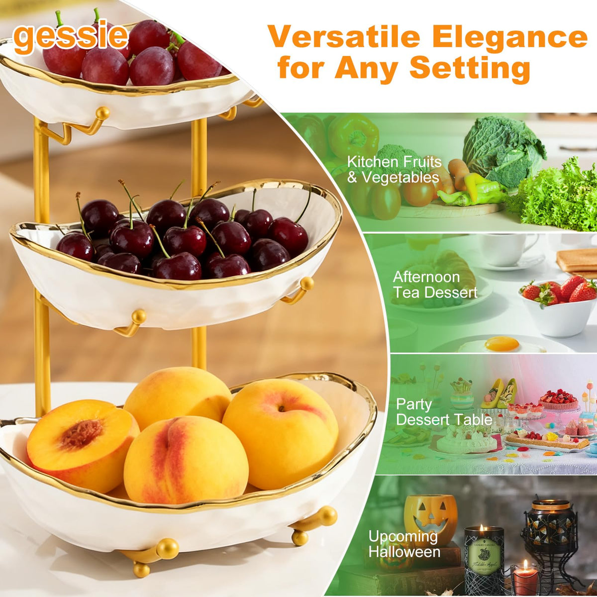 3 Tier Ceramic Fruit Bowl with Gold Metal Stand D9364