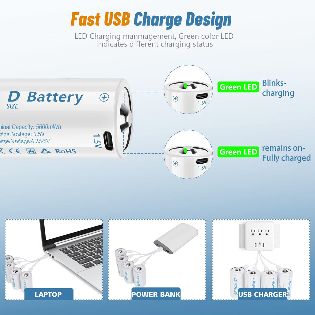 Rechargeable Lithium D Batteries 4 Pack P457
