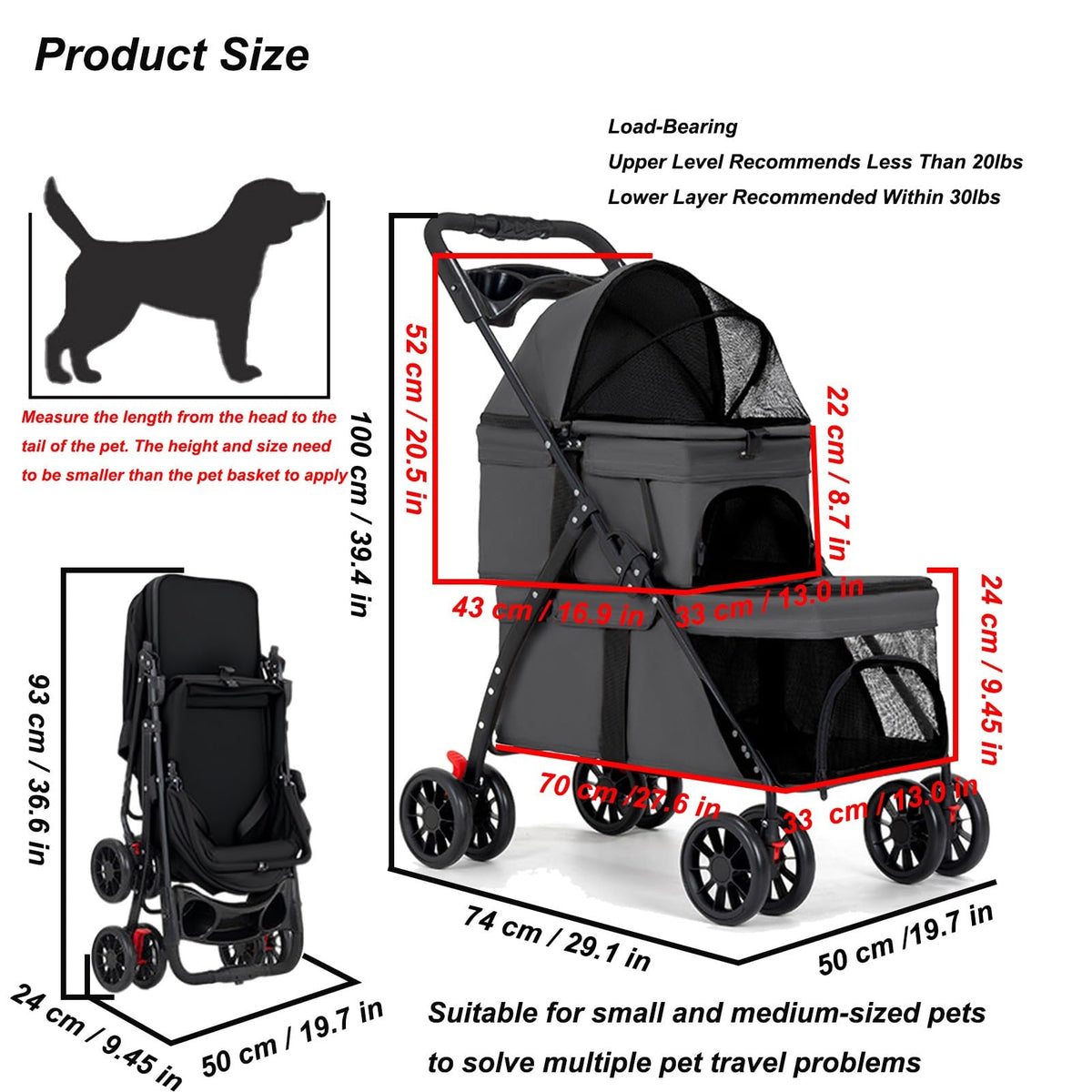 Double Dog Stroller for Medium Small Dogs and Cats K440