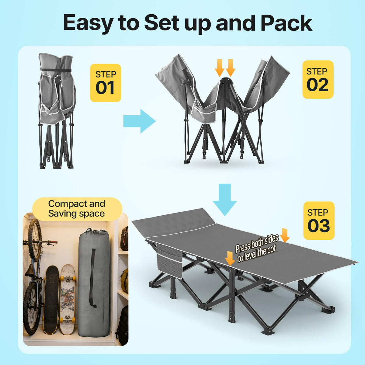XXL Camping Cot with Mattress, Pillow & Carry Bag L344375