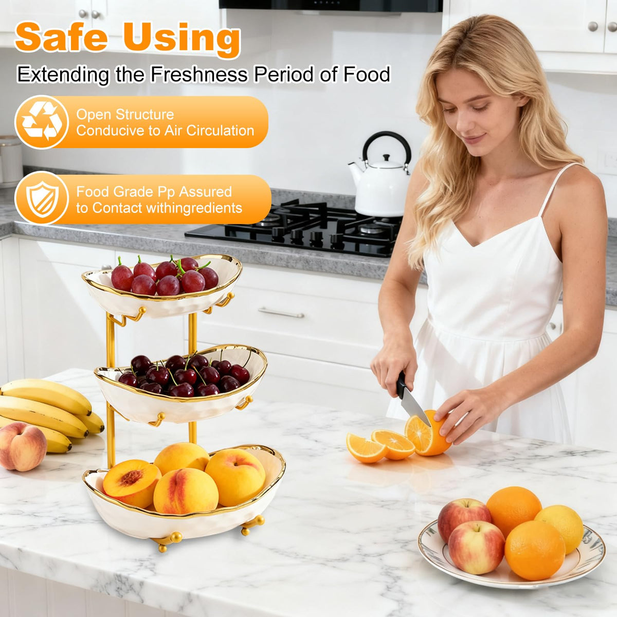 3 Tier Ceramic Fruit Bowl with Gold Metal Stand D9364