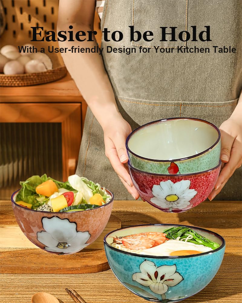Ceramic Cereal Bowl Set of 4, 28oz Floral Pattern, Microwave Safe L588