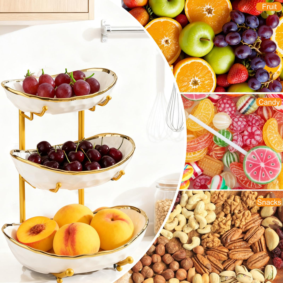 3 Tier Ceramic Fruit Bowl with Gold Metal Stand D9364