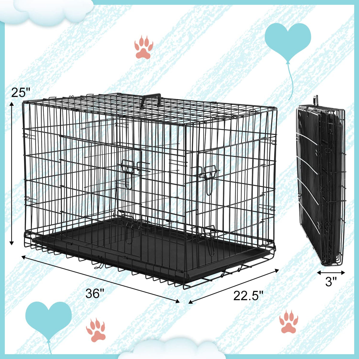 36 Inch Double-Door Metal Dog Crate with Tray and Divider B685304