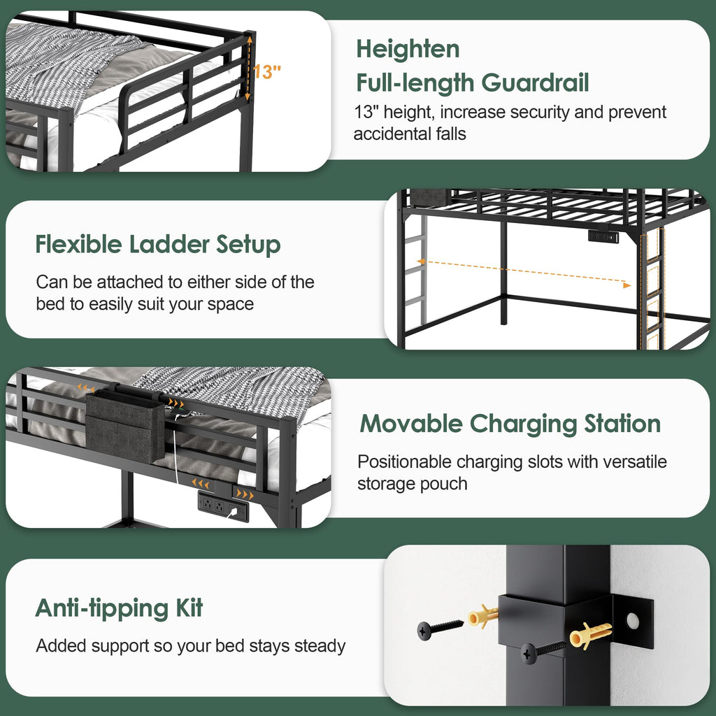 Twin XL Black Metal Loft Bed with Charging Station and LED Lights I89504