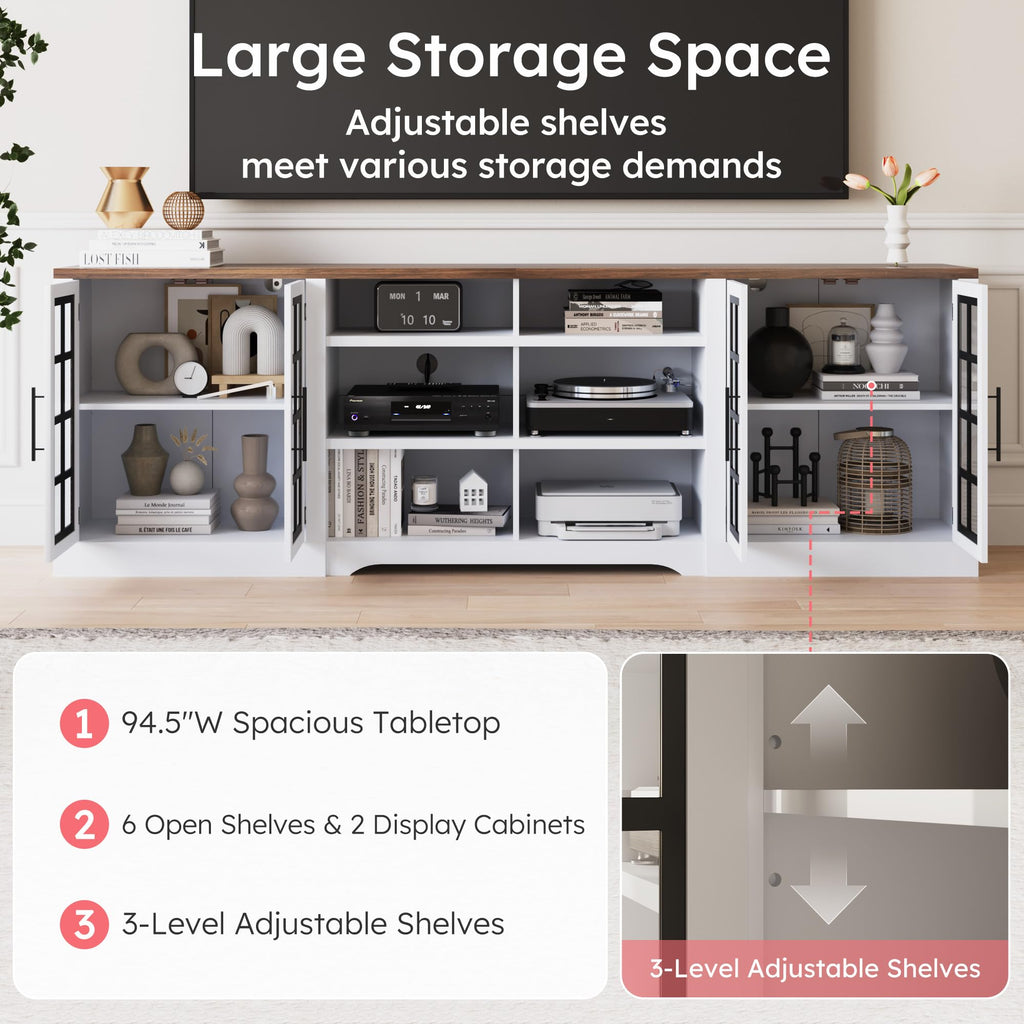 White Black TV Stand with 2 Cabinets and 3-Tier Shelves V90472