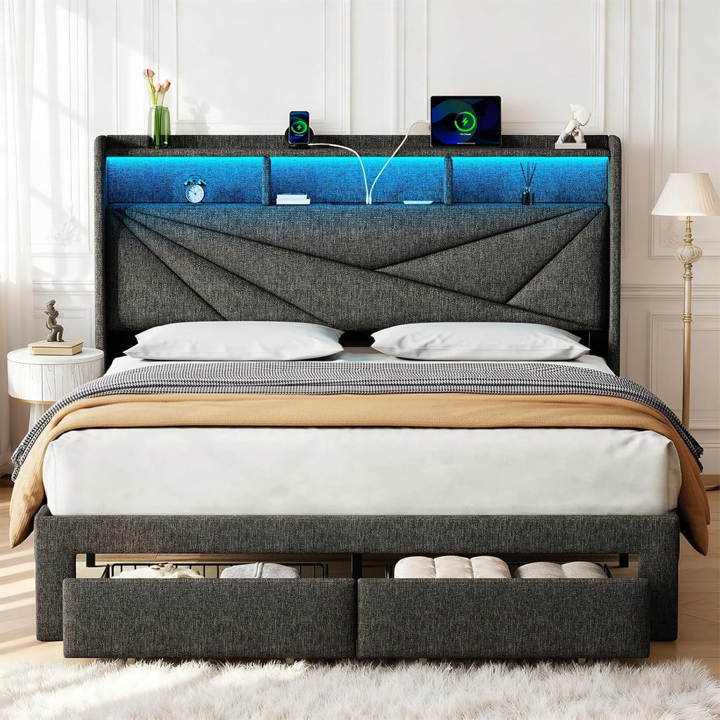 Queen Bed Frame with 2 Storage Drawers and Upholstered Headboard R136220
