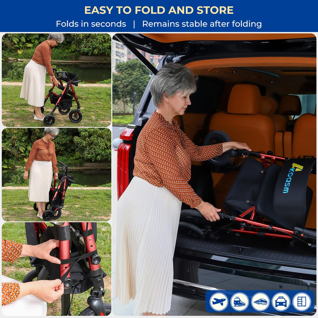 Foldable Rollator Walker with Seat, 2 in 1 Wheelchair Combo, Red U395