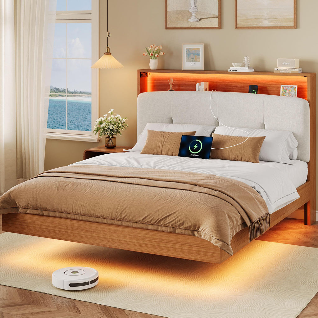 Full Size Floating Bed Frame with LED Light and Charging Station K406529