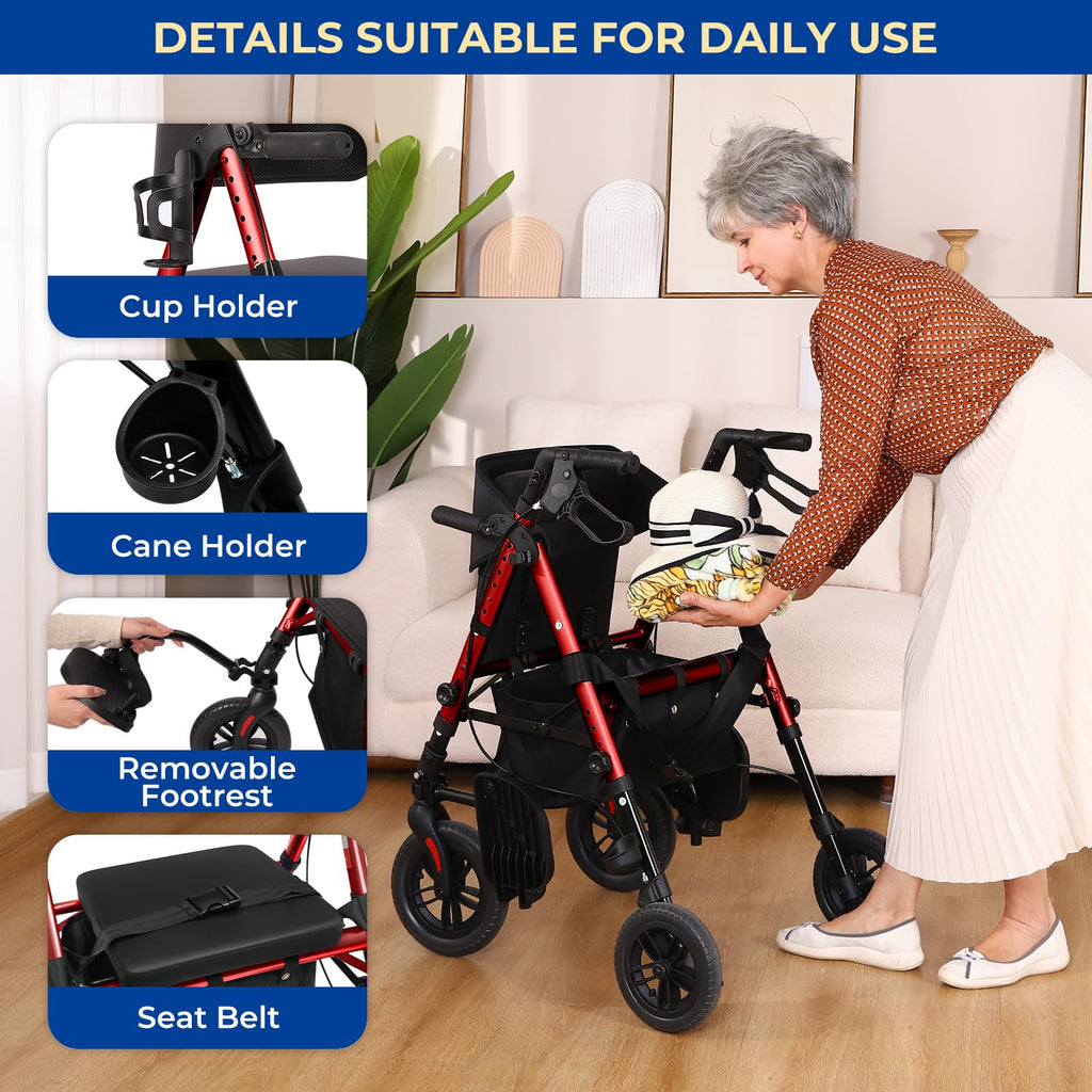Foldable Rollator Walker with Seat, 2 in 1 Wheelchair Combo, Red U395