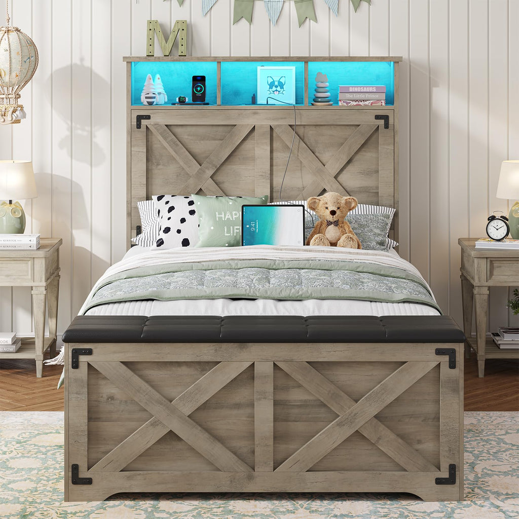 Oak Gray Wood Twin Size Bed Frame with Storage Headboard and Charging Station Q97704