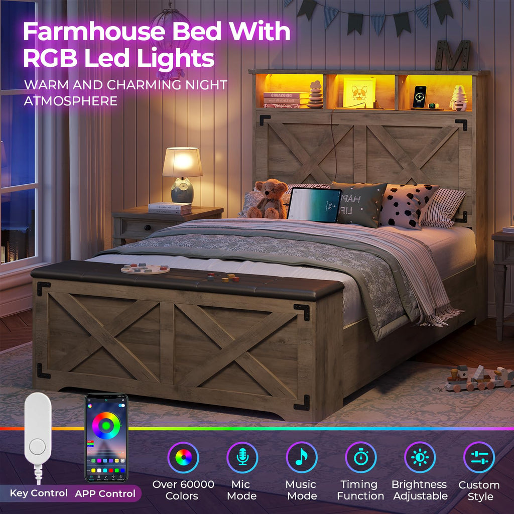 Oak Gray Wood Twin Size Bed Frame with Storage Headboard and Charging Station Q97704