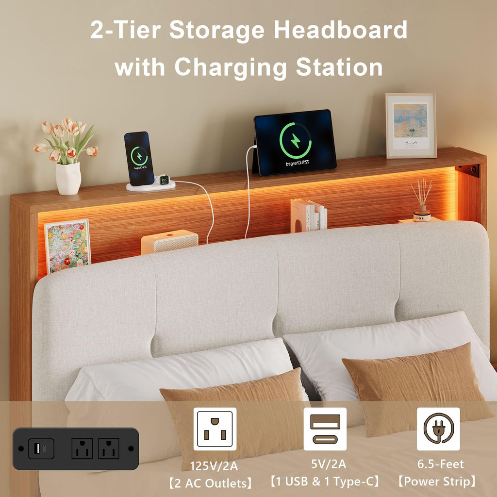 Full Size Floating Bed Frame with LED Light and Charging Station K406529