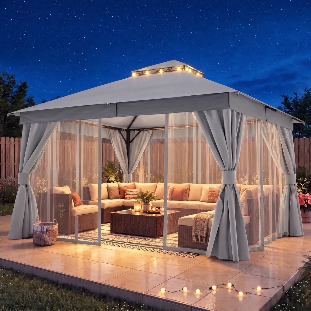 12x12 Gazebo Canopy with Netting, Curtains & Double Roof Q66829