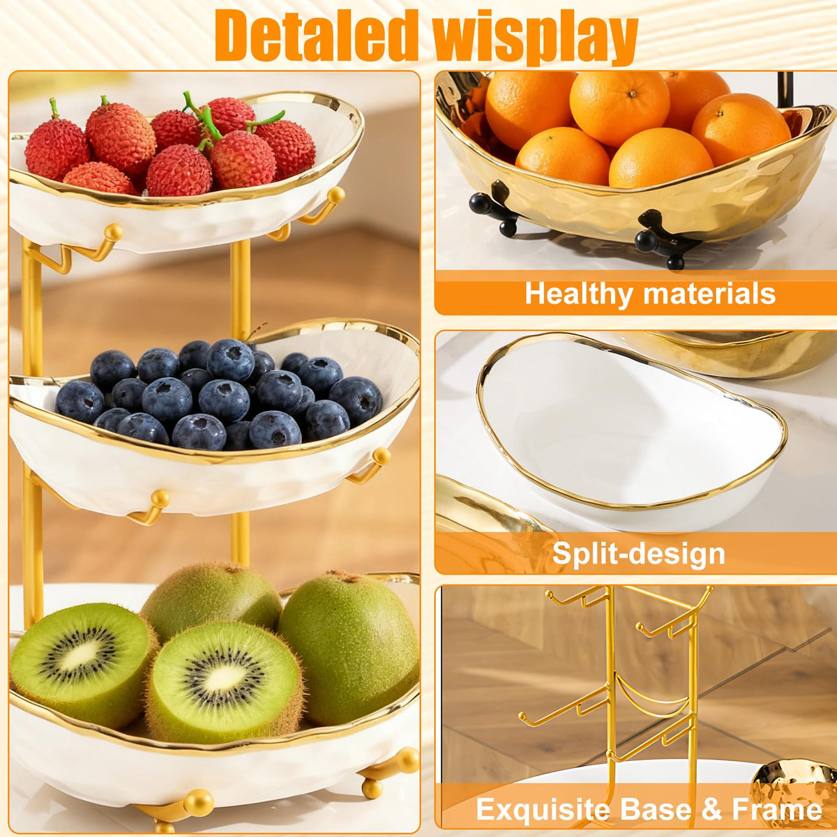 3 Tier Ceramic Fruit Bowl with Gold Metal Stand D9364