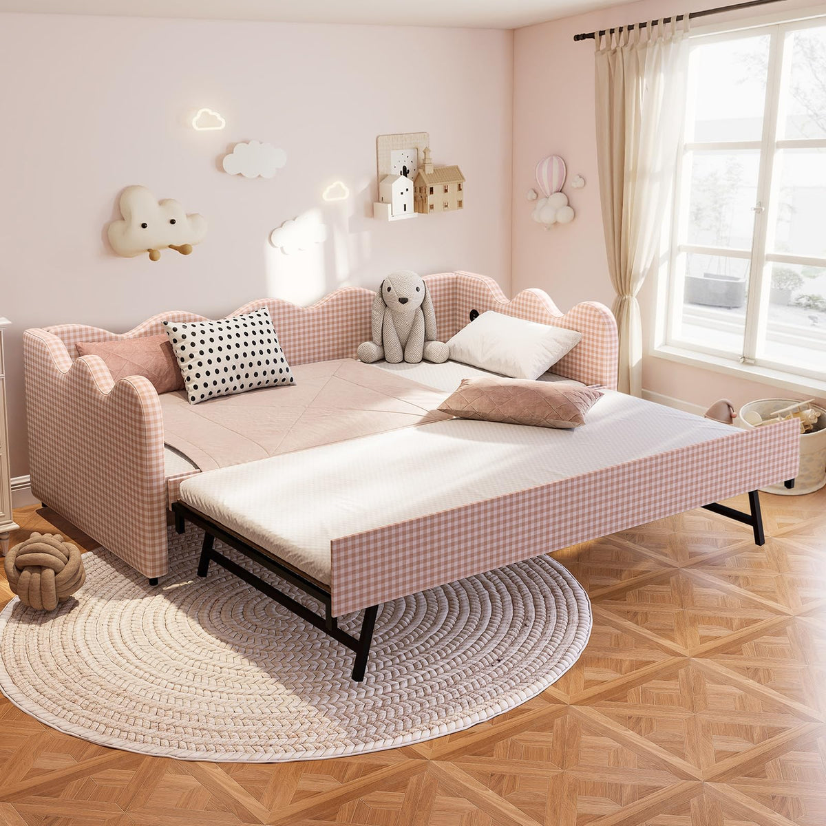 Pink Gingham Twin Size Daybed with Trundle Q940087
