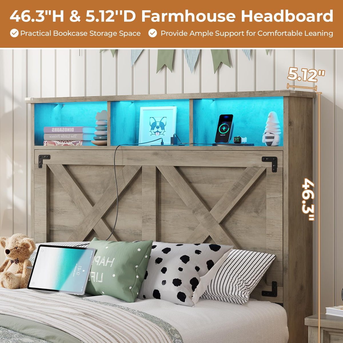 Oak Gray Wood Twin Size Bed Frame with Storage Headboard and Charging Station Q97704