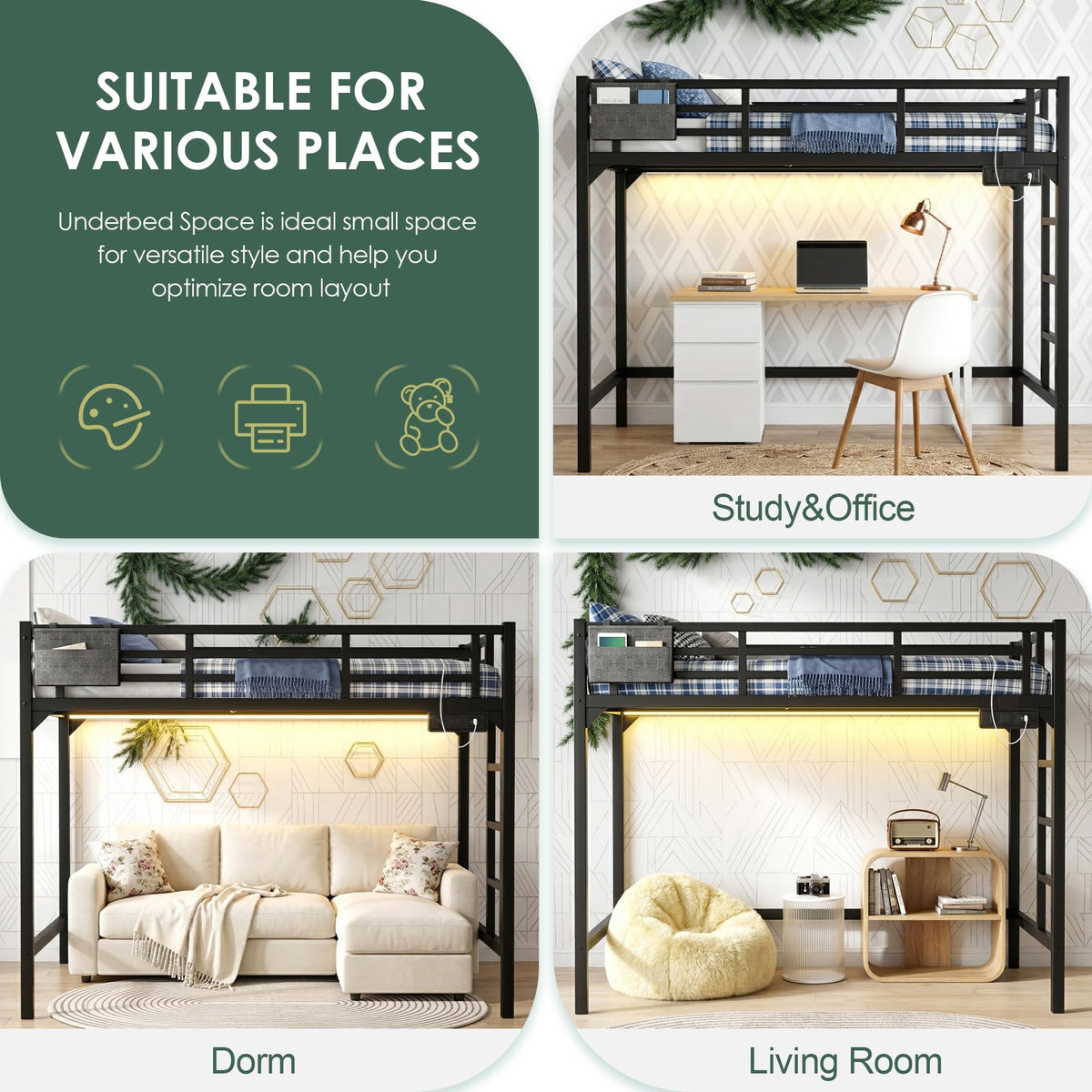 Twin XL Black Metal Loft Bed with Charging Station and LED Lights I89504