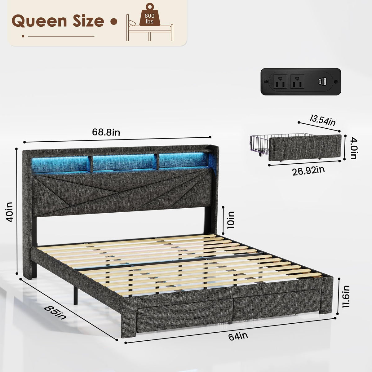 Queen Bed Frame with 2 Storage Drawers and Upholstered Headboard R136220