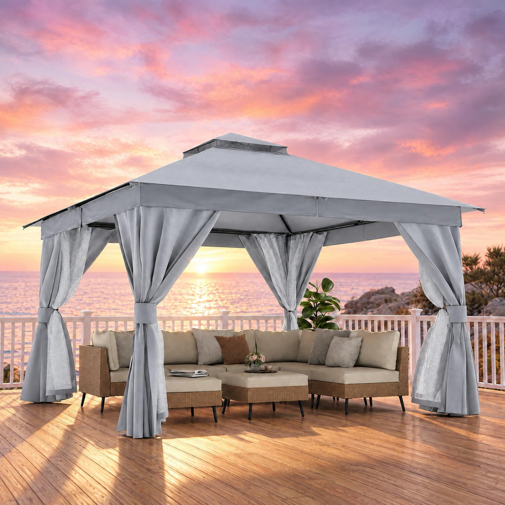 12x12 Gazebo Canopy with Netting, Curtains & Double Roof Q66829