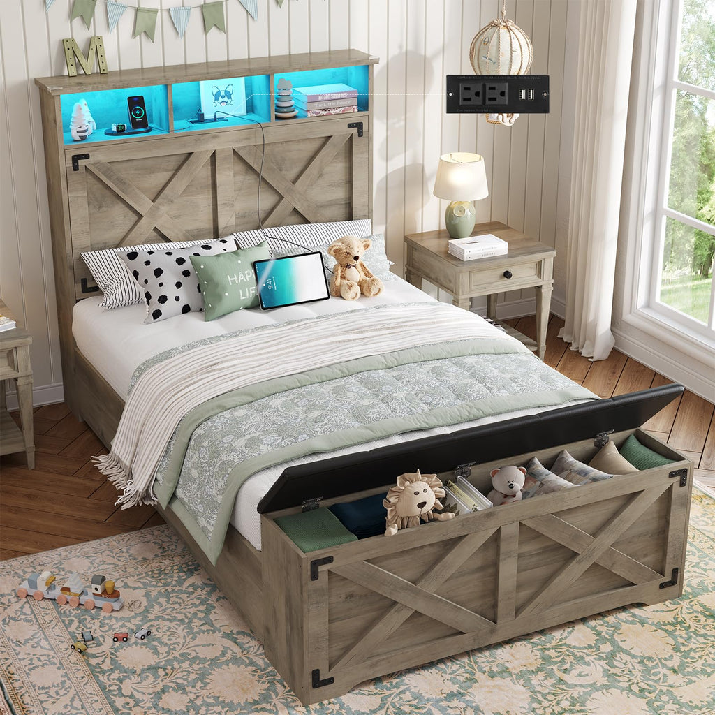 Oak Gray Wood Twin Size Bed Frame with Storage Headboard and Charging Station Q97704