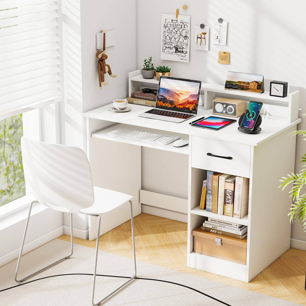 White Desk with Drawer and Keyboard Tray L9244