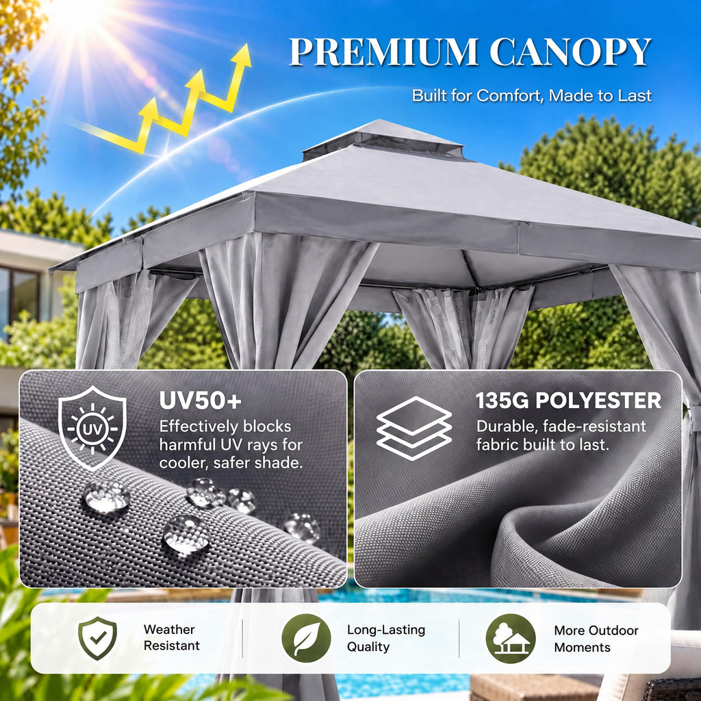 12x12 Gazebo Canopy with Netting, Curtains & Double Roof Q66829