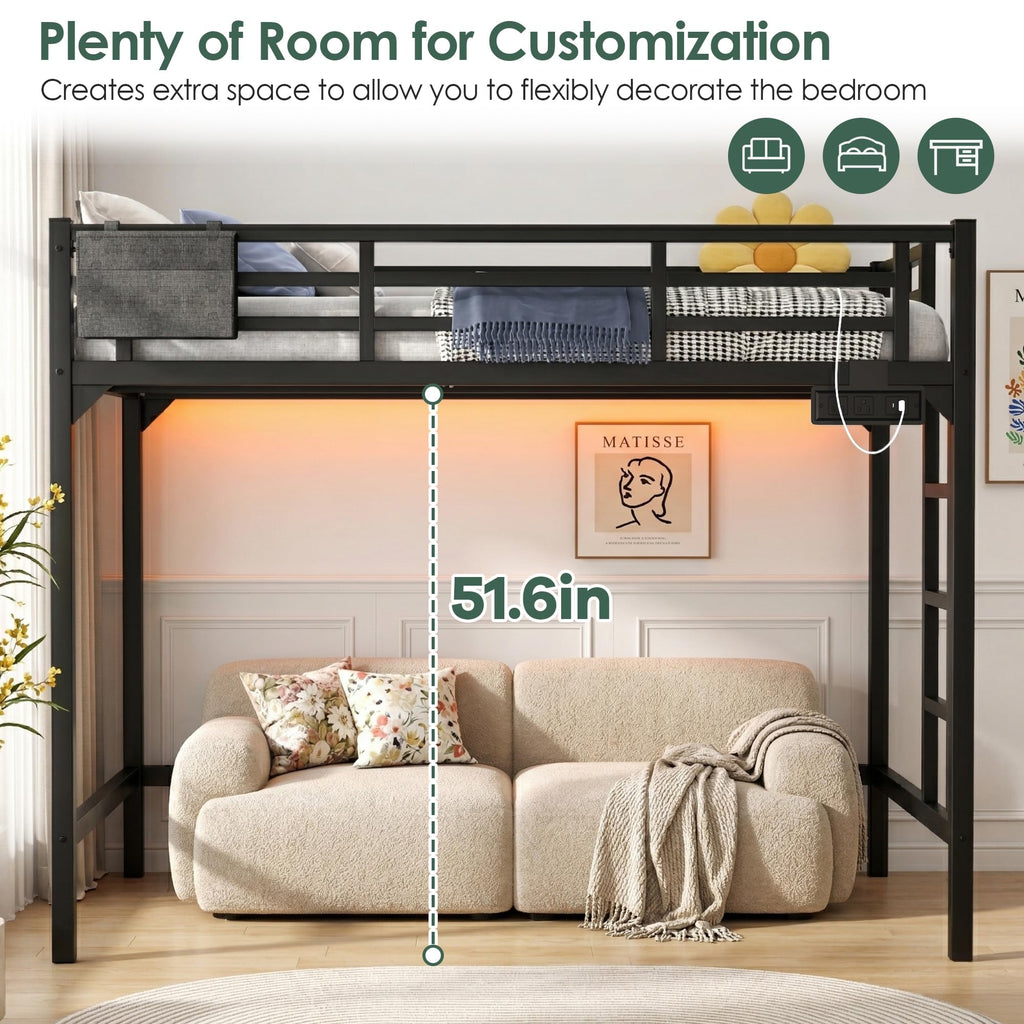 Twin XL Black Metal Loft Bed with Charging Station and LED Lights I89504
