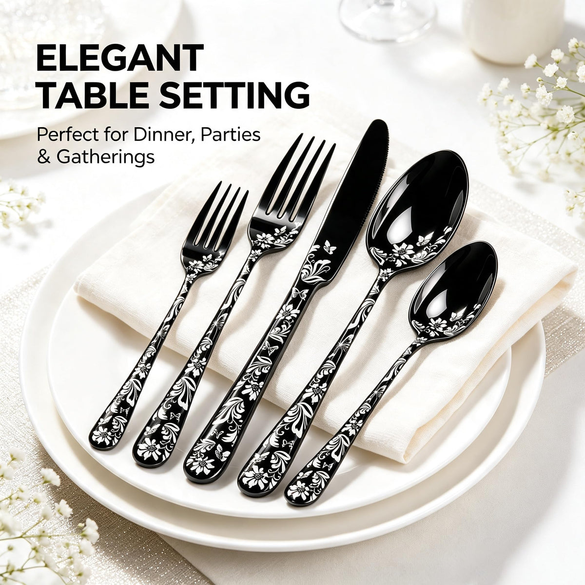 60 Piece White Floral Pattern Stainless Steel Silverware Set W535