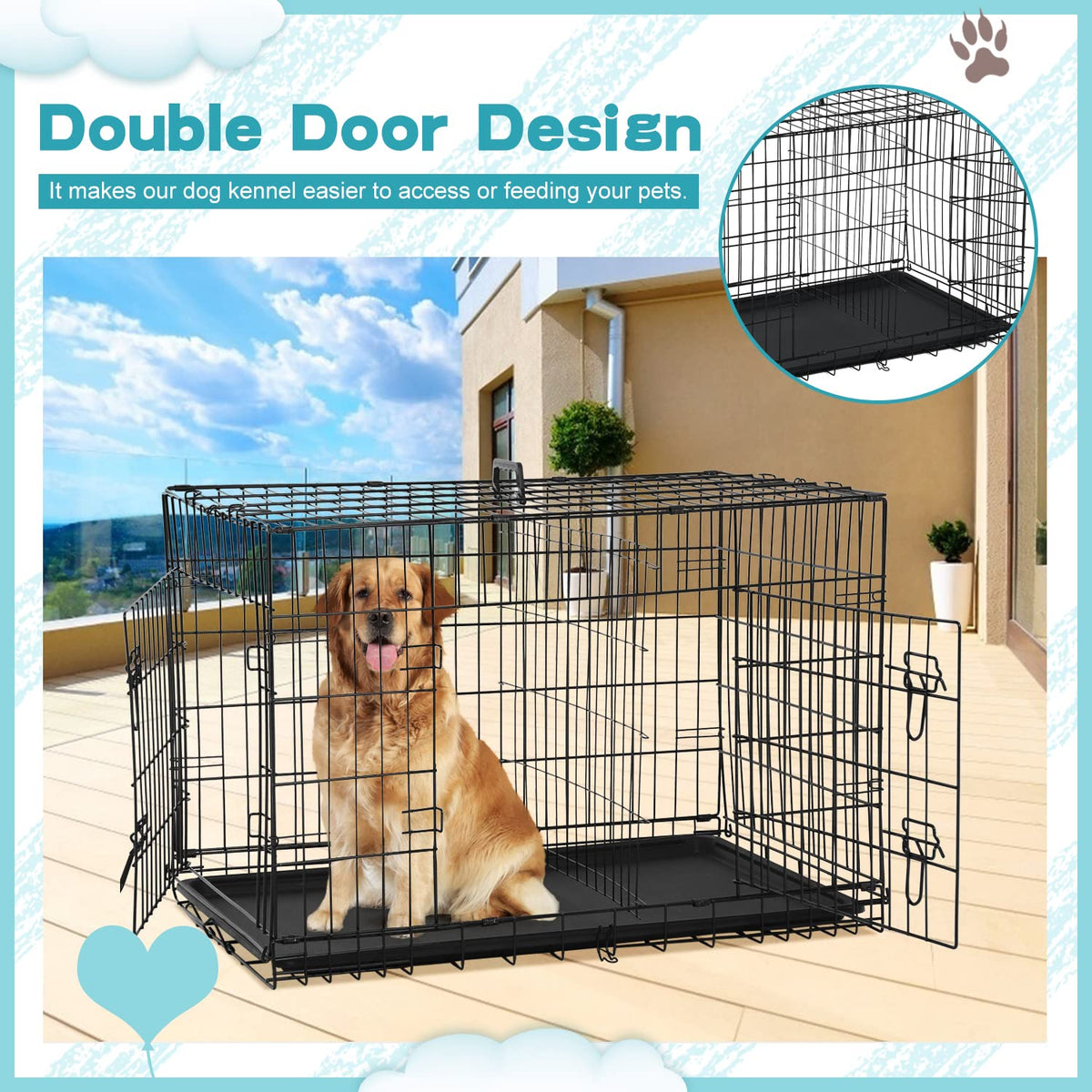 36 Inch Double-Door Metal Dog Crate with Tray and Divider B685304