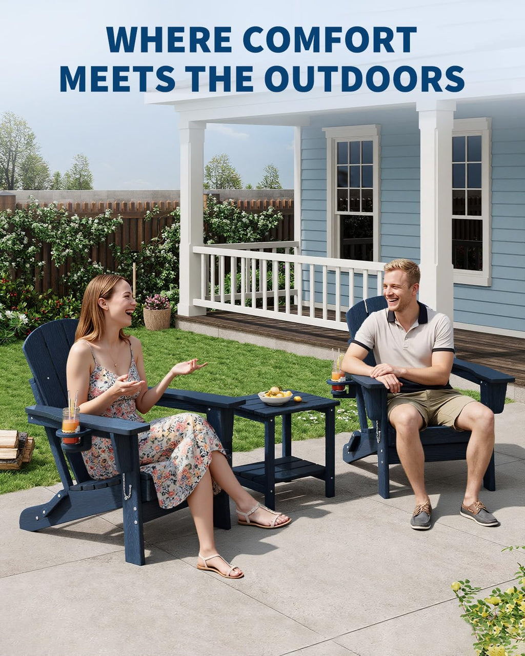 HDPE Folding Adirondack Chair Set of 2 with Side Table, Navy Blue W578500