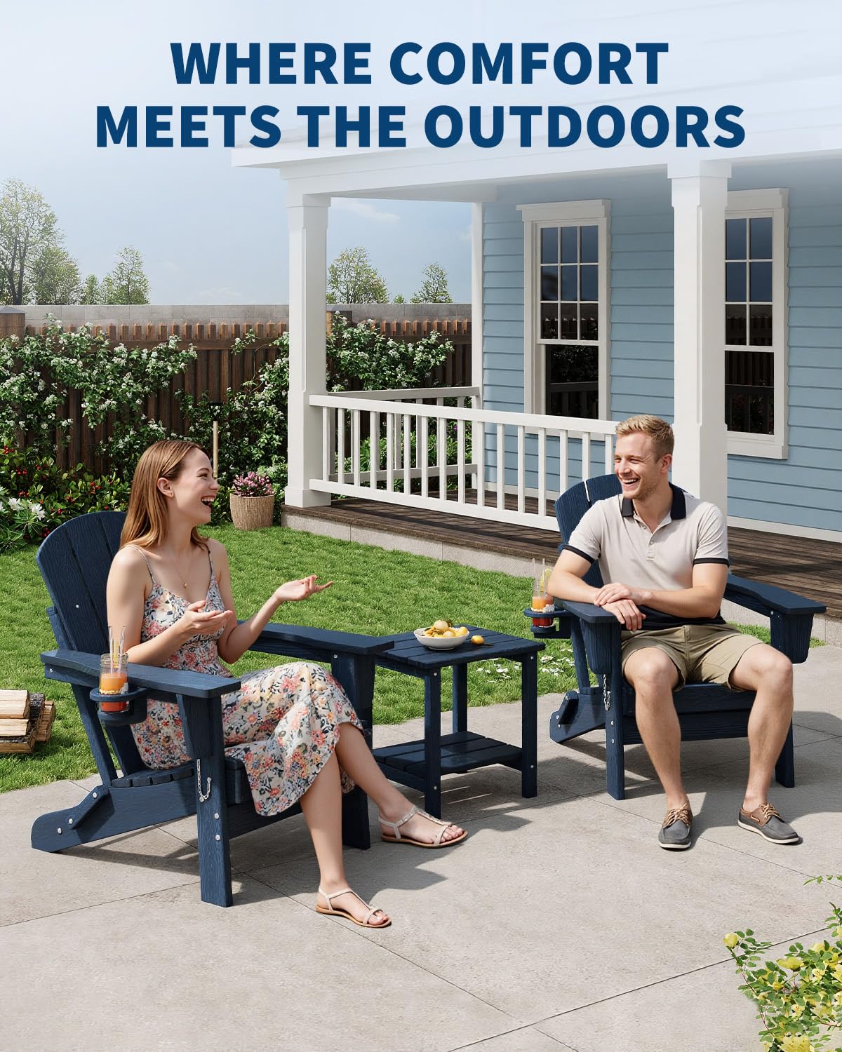 HDPE Folding Adirondack Chair Set of 2 with Side Table, Navy Blue W578500