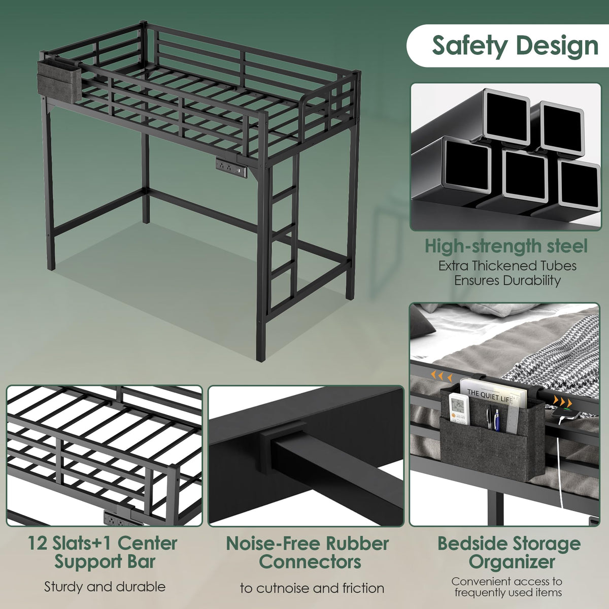 Twin XL Black Metal Loft Bed with Charging Station and LED Lights I89504
