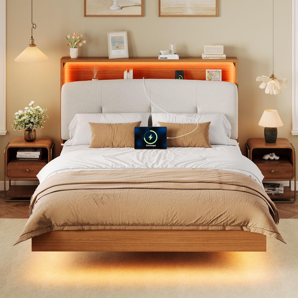 Full Size Floating Bed Frame with LED Light and Charging Station K406529