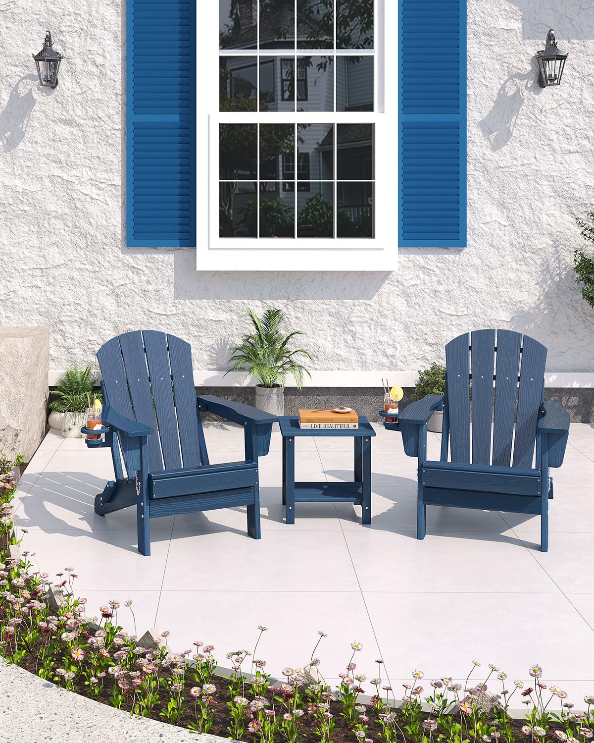 HDPE Folding Adirondack Chair Set of 2 with Side Table, Navy Blue W578500