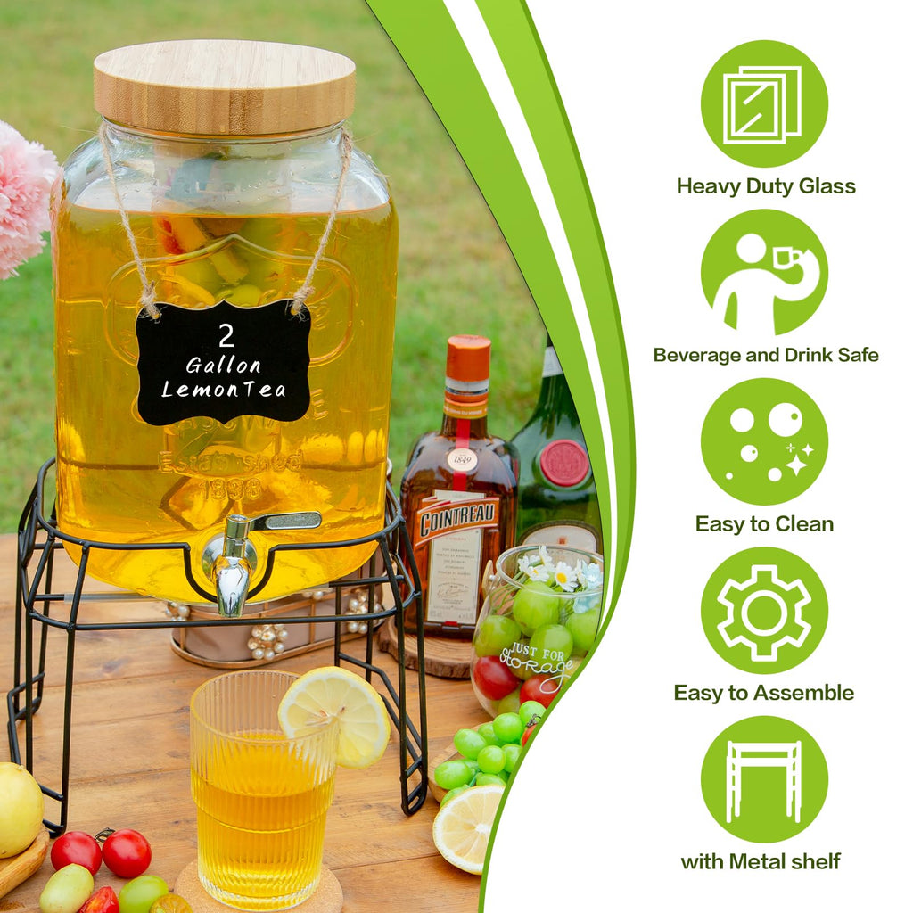 2 Gallon Glass Drink Dispenser with Stand I592