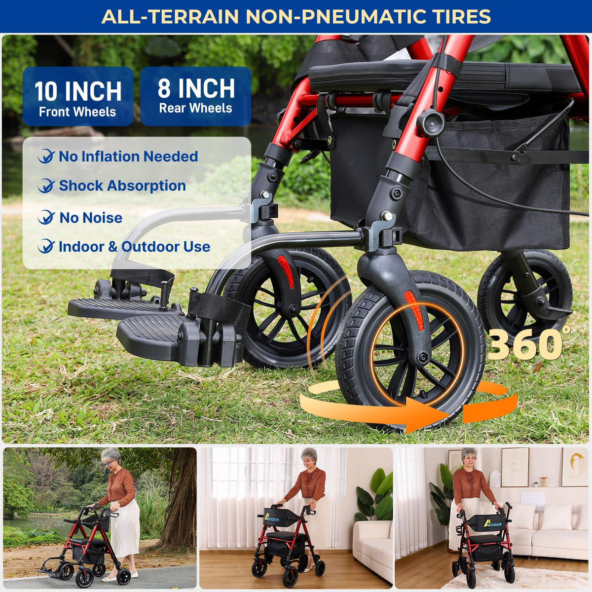 Foldable Rollator Walker with Seat, 2 in 1 Wheelchair Combo, Red U395
