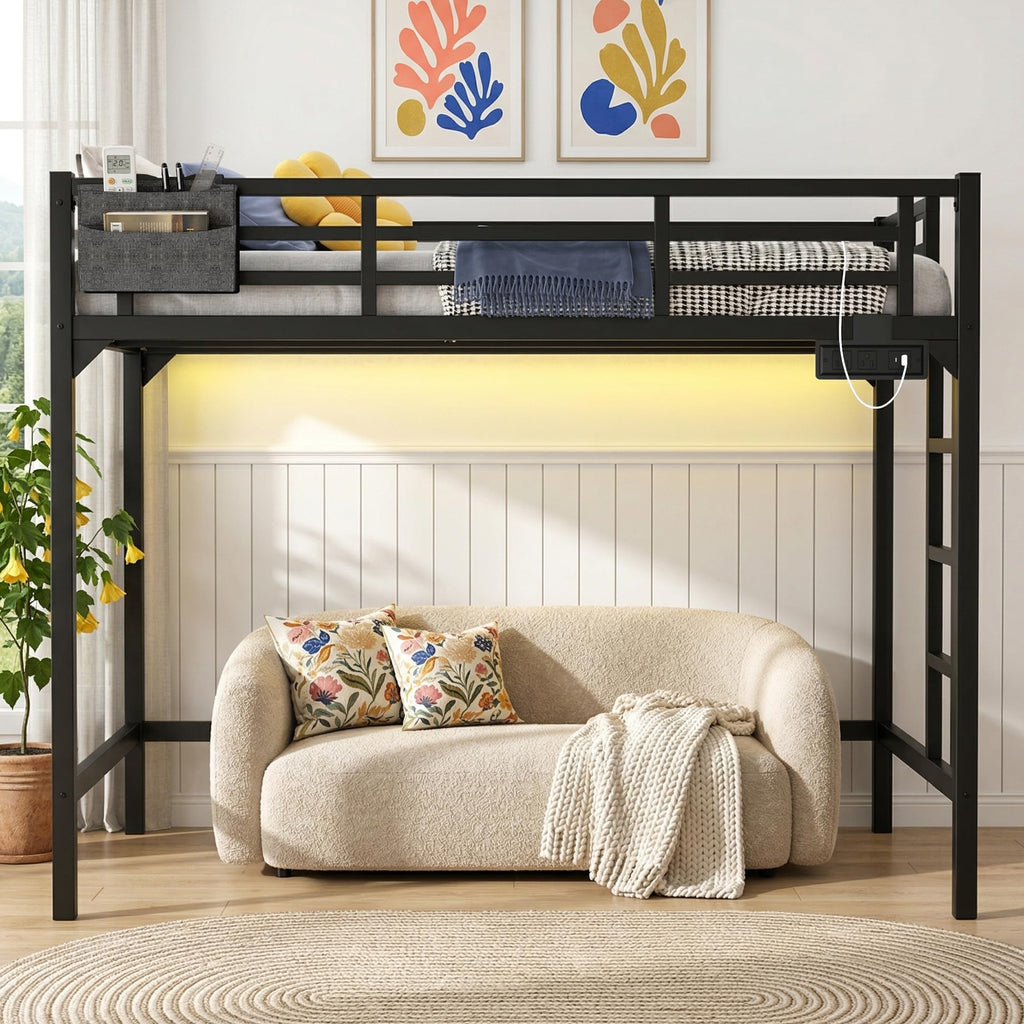 Twin XL Black Metal Loft Bed with Charging Station and LED Lights I89504