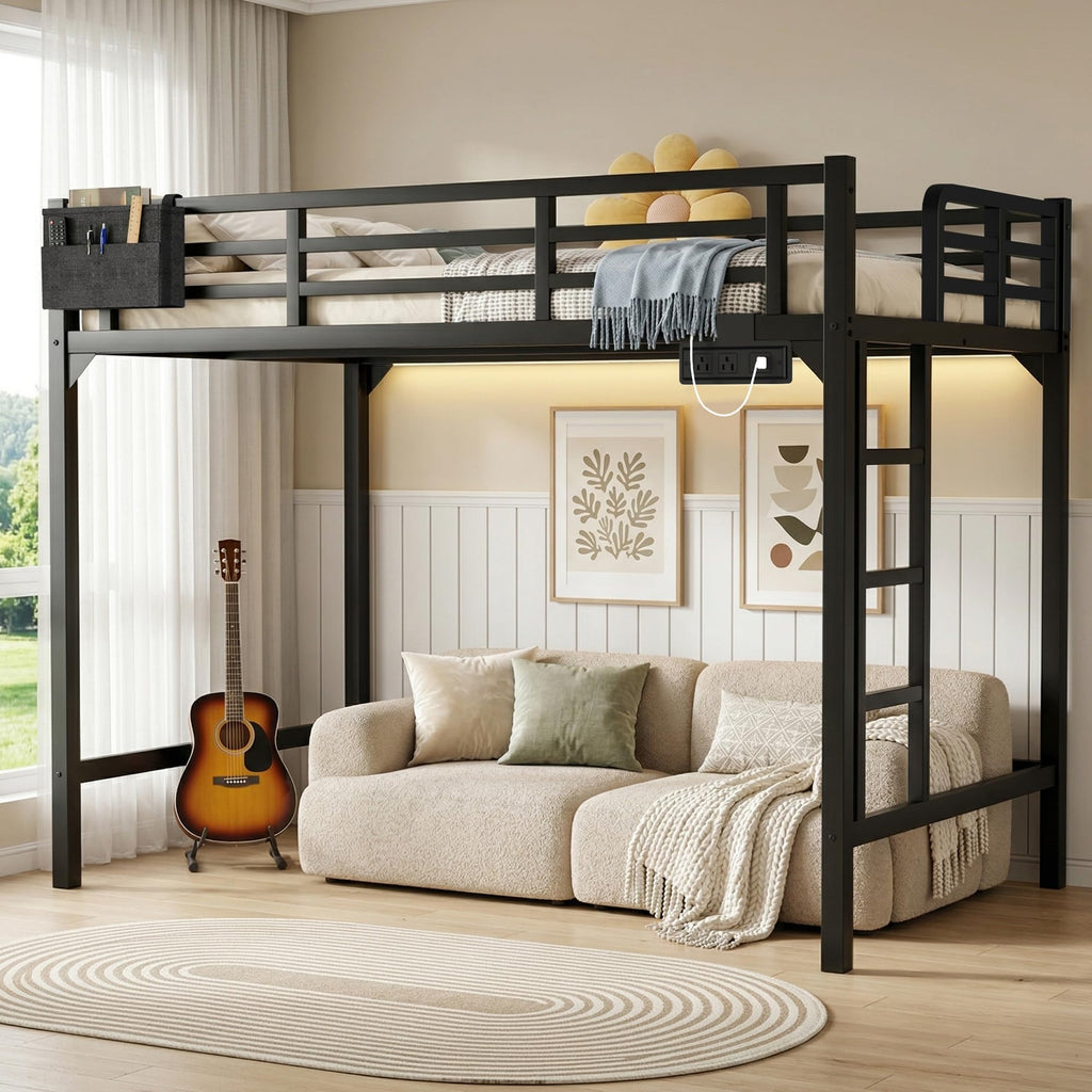 Twin XL Black Metal Loft Bed with Charging Station and LED Lights I89504
