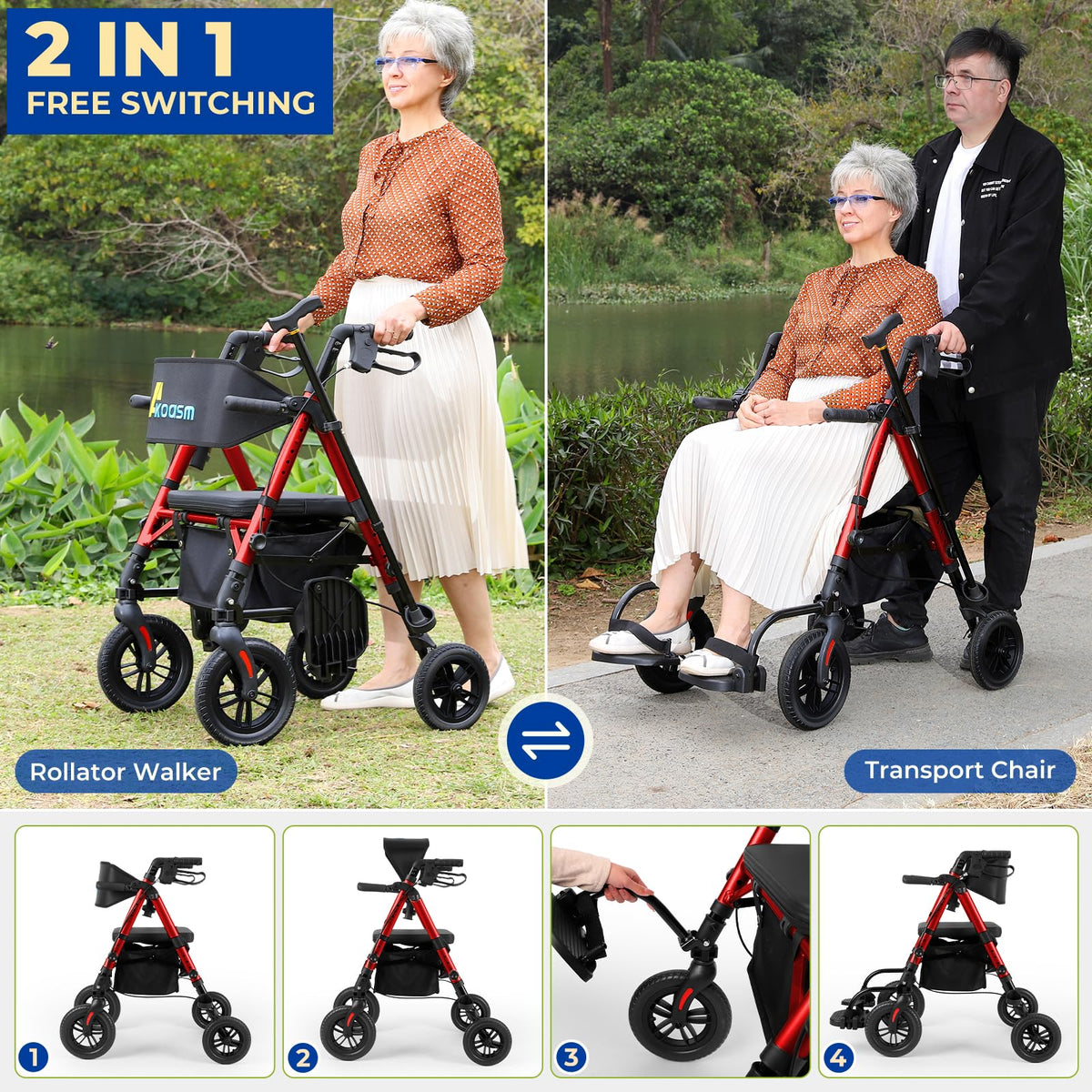 Foldable Rollator Walker with Seat, 2 in 1 Wheelchair Combo, Red U395