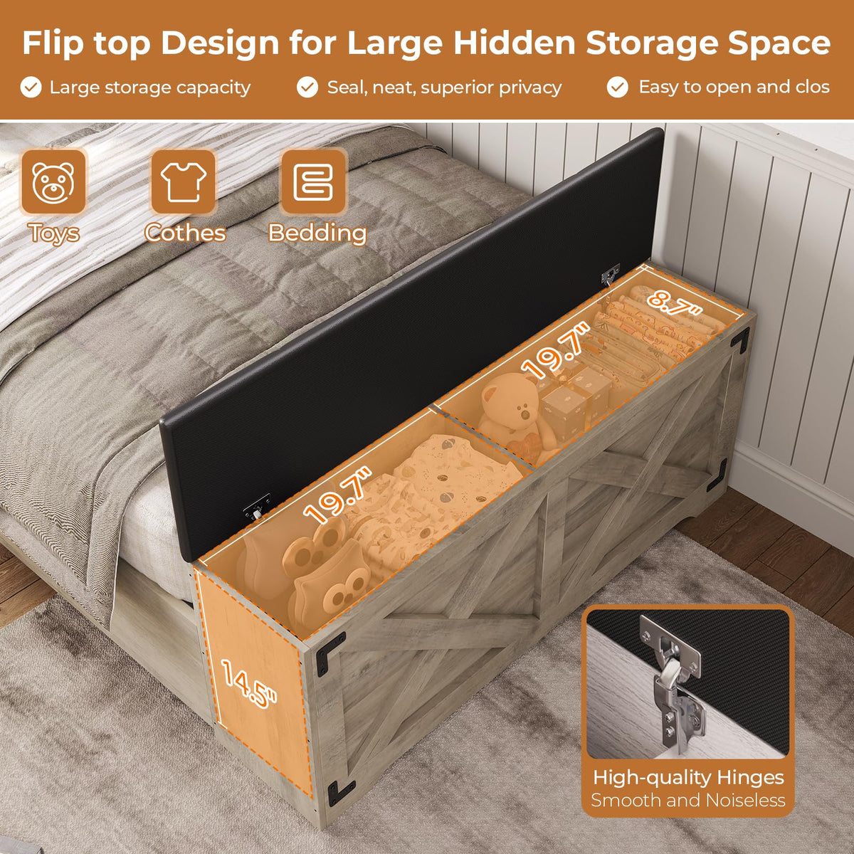 Oak Gray Wood Twin Size Bed Frame with Storage Headboard and Charging Station Q97704