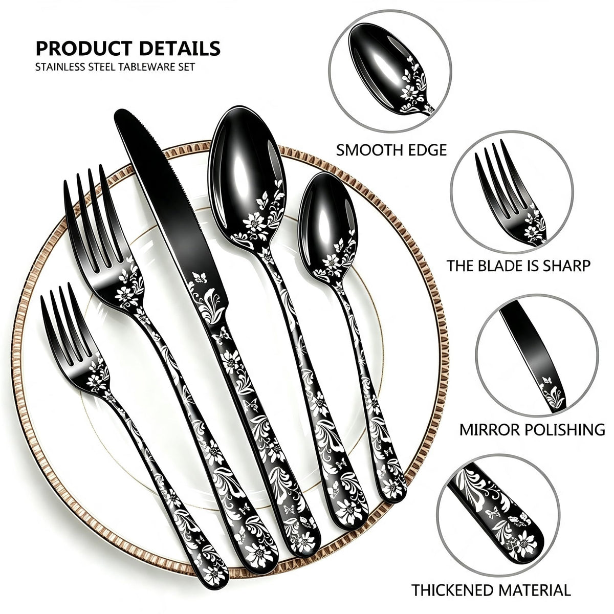 60 Piece White Floral Pattern Stainless Steel Silverware Set W535