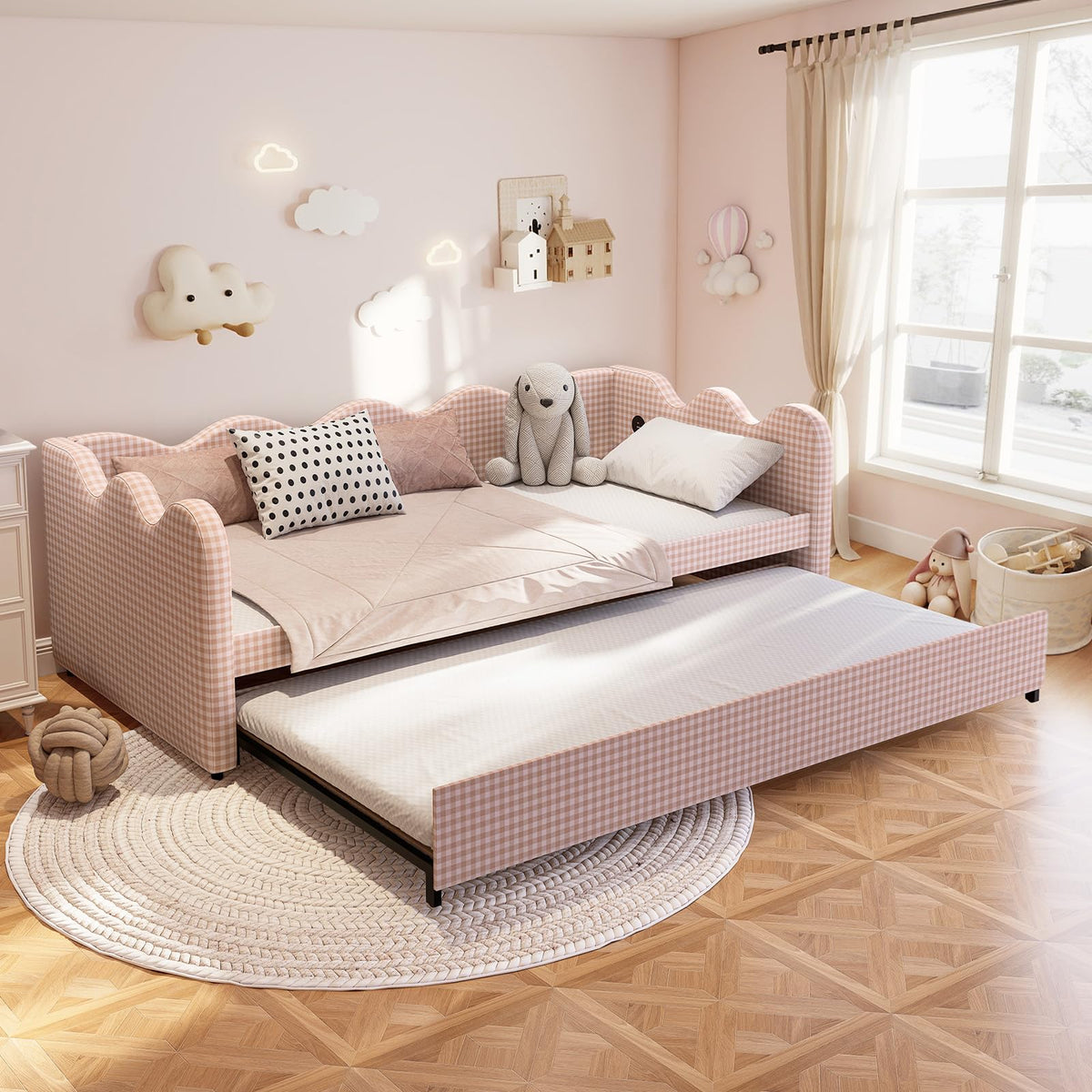 Pink Gingham Twin Size Daybed with Trundle Q940087