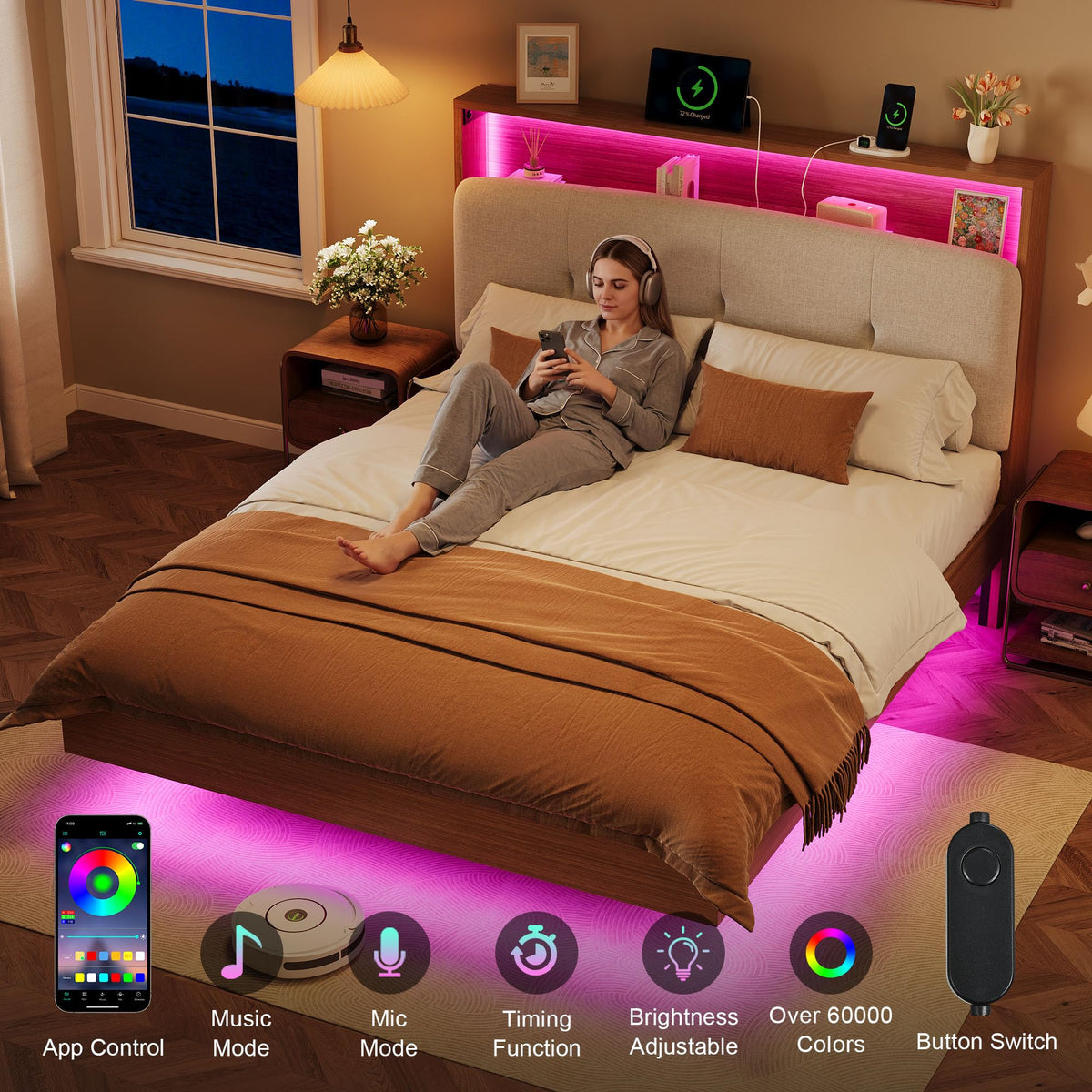 Full Size Floating Bed Frame with LED Light and Charging Station K406529