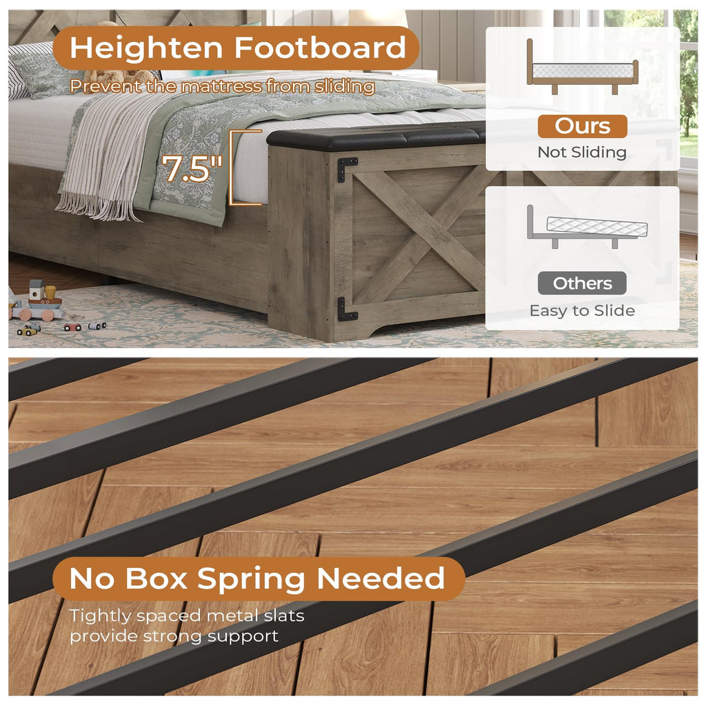 Oak Gray Wood Twin Size Bed Frame with Storage Headboard and Charging Station Q97704