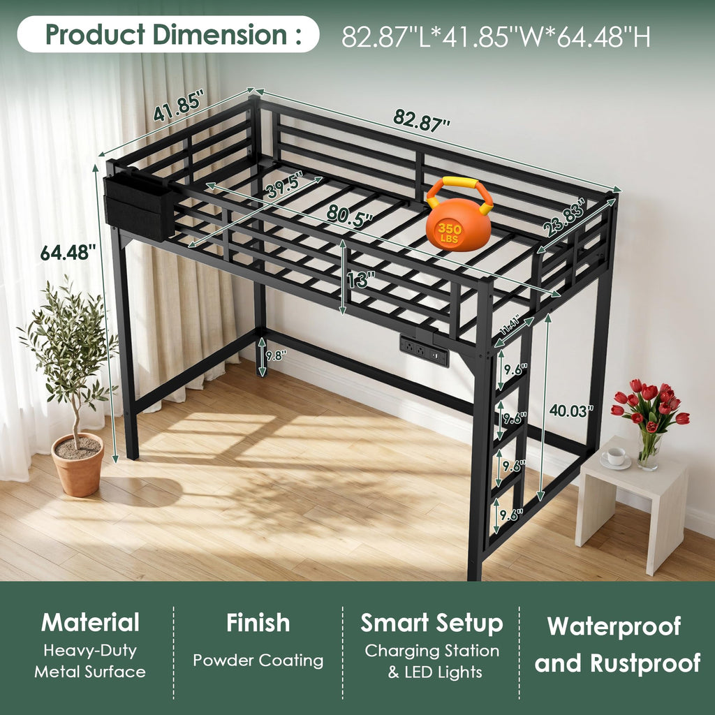 Twin XL Black Metal Loft Bed with Charging Station and LED Lights I89504