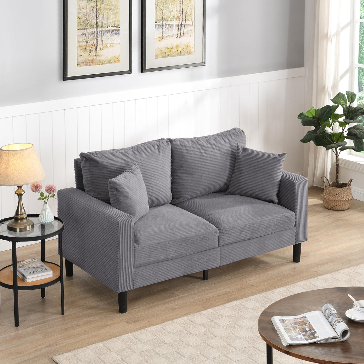 Light Gray 2-seat Upholstered Sofa with 2 Pillows B82577