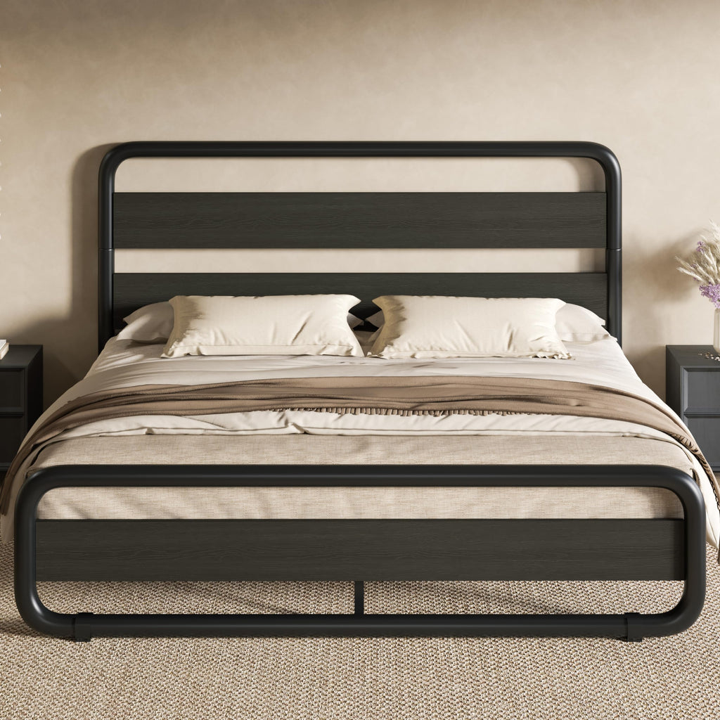 Full Size Metal Bed Frame with Wooden Headboard Y96252
