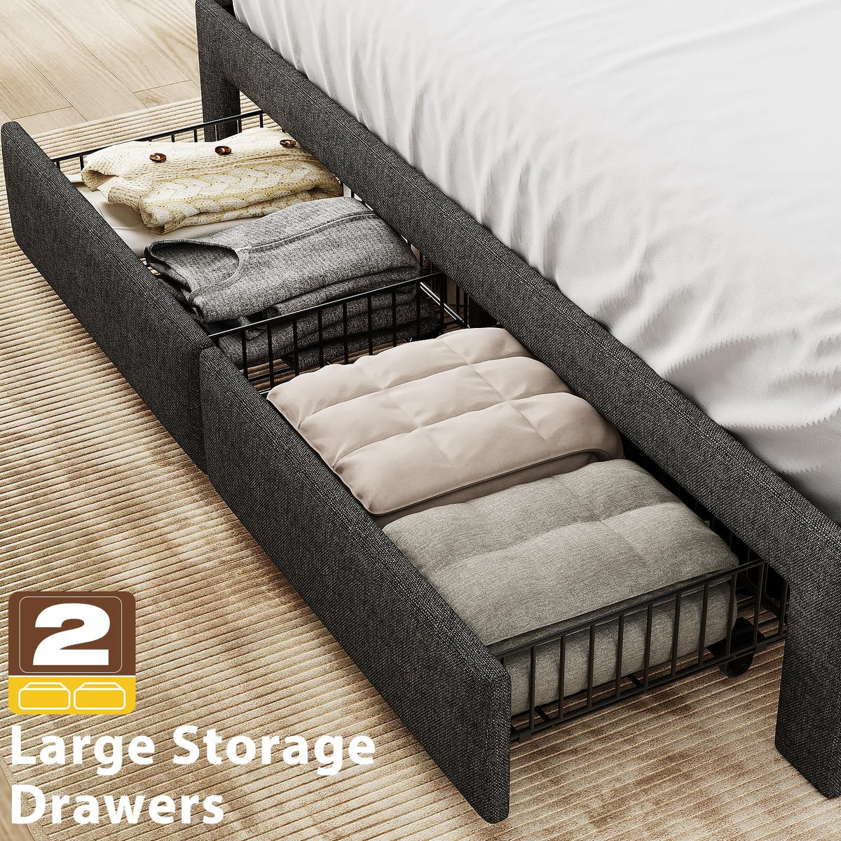 Queen Bed Frame with 2 Storage Drawers and Upholstered Headboard R136220
